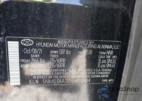 2022 Hyundai Santa Fe Sel z USA, uszkodzony, nr VIN 5NMS34AJ0NH400484